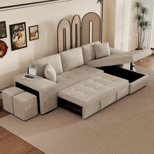 Vista 17 de Sofá cama modular de 104 pulgadas con diván de almacenamiento y taburetes para sala de estar, moderno sofá cama extraíble de 3 asientos