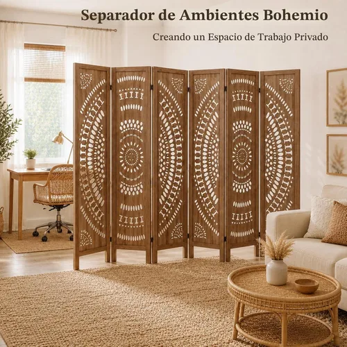 Vista 5 de Separador de pared de madera de 6 paneles de 6 pies, pantalla de división plegable, separador de pared independiente, decoración rústica bohemia