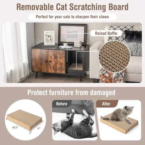Vista 6 de Tangkula Caja de arena para gatos, baño para gatos con división, almohadilla para rascar, pata de metal, gabinete cerrado para mascotas con puertas