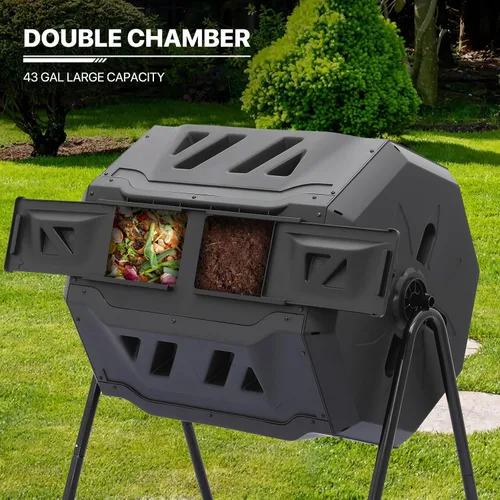 Vista 5 de MoNiBloom Compostador Giratorio de 43 Galones, Exterior Sin BPA Gran Cámara Doble Contenedor de Compost Giratorio Todas las Estaciones Trabajo