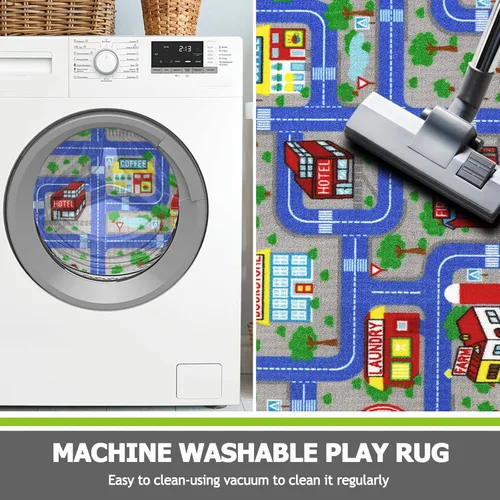 Vista 7 de Capslpad Alfombra Azul de Coche y Carretera para Niños, Alfombra de Juego para Sala de Juegos, Alfombra Antideslizante Lavable con Mapa de la Ciudad
