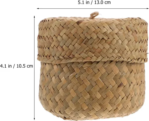 Vista 6 de Zerodeko Cesta de pastos marinos con tapa, cesta de flores tejida a mano con tapa, estante de mimbre, caja de almacenamiento pequeña, caja de regalo