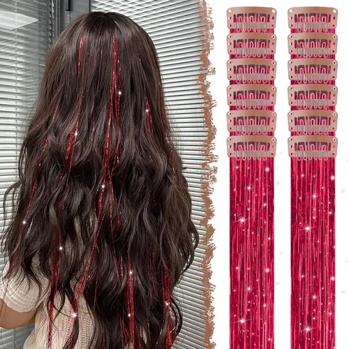 Vista 40 de FESHFEN Juego de 12 extensiones de cabello con clip, color negro, con clip, con purpurina, kit de accesorios coloridos para mujeres, de 20 pulgadas