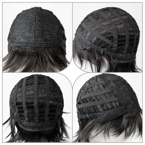 Vista 7 de Fenspeed Peluca negra para hombres y mujeres, peluca corta negra para hombre, peluca de cosplay en capas, peluca negra esponjosa para fiesta