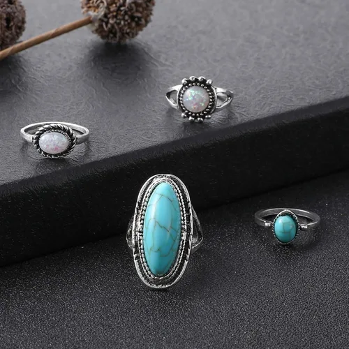 Vista 9 de Juego de anillos bohemios de turquesa para mujer, anillos apilables vintage para nudillos, anillos ovalados con piedras preciosas de piedra gruesa