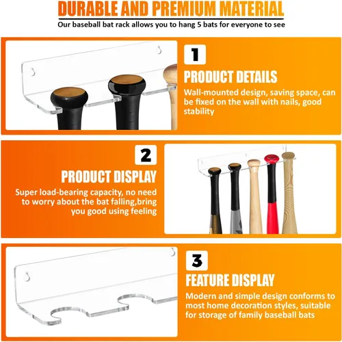 Vista 3 de Percha de exhibición de bate de béisbol para 5 bates o pelotas – Soporte vertical para bate y béisbol – Mejor que el vitrina Acrílico resistente