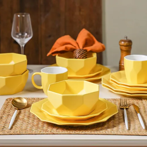 Vista 15 de Stone + Lain Jamie - Juego de vajilla geométrica de porcelana de 16 piezas, color verde Amarillo