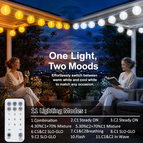 Vista 2 de StarryEver Linterna de Cadena de Luces para Exteriores con Enchufe, 12.2M Conectables, Luces de Linterna Blanca Cálida y Blanca con Control Remoto