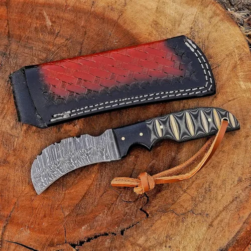 Vista 7 de Cuchillo de Hawkbill de Lineman hecho a mano de acero 1095 con funda de cuero, cuchillo de utilidad resistente para electricistas y pelado de cables