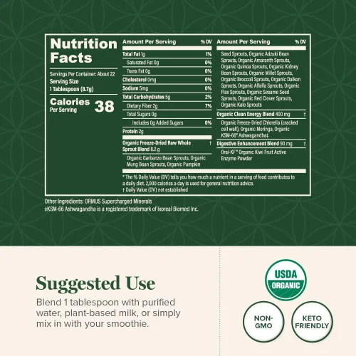 Vista 3 de Global Healing Organic Super Greens Powder Blend - Mezcla de Polvo de Superalimentos Verdes Orgánicos con 15 Brotes Enteros Crudos - Deliciosa
