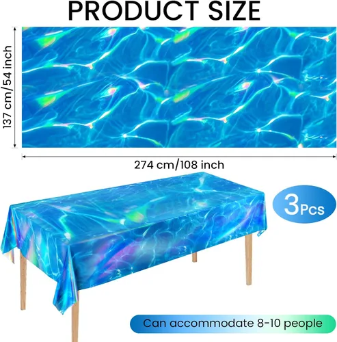 Vista 2 de 3 Piezas Manteles de Ondas Oceánicas Iridiscentes, 54 x 108 Pulgadas Mantel de Mesa de Plástico Desechable del Océano, Manteles con Estampado