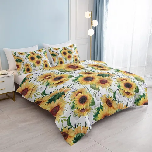Vista 3 de Juego de edredón suave de lujo con diseño floral de girasol y hojas verdes, 1 edredón y 2 fundas de almohada Hoja verde