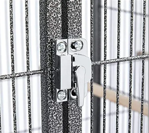 Vista 8 de Gran elegante y duradera jaula de loro de hierro forjado con plataforma de percha, escalera de escalada, protección de semillas alrededor, estante
