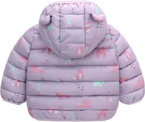 Vista 4 de Abrigo acolchado para niños, abrigo para niñas, resistente al viento, chaqueta con capucha cálida con estampado de dinosaurios, para niñas