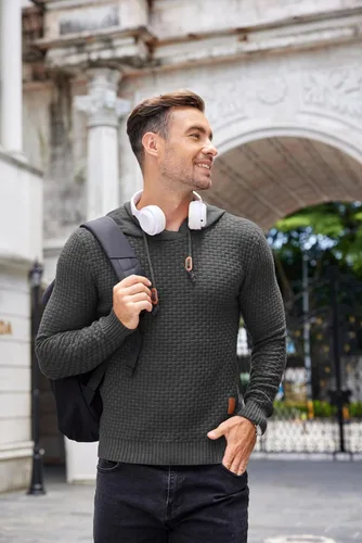 Vista 3 de COOFANDY Suéter de punto con capucha para hombre, manga larga, hipster, casual, suéter con capucha