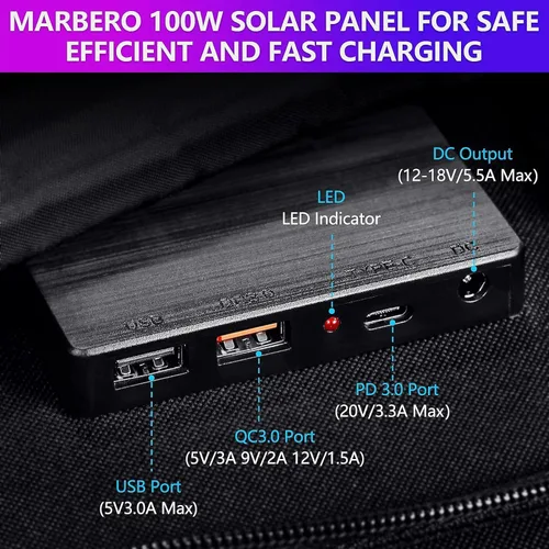 Vista 2 de MARBERO Panel Solar Portátil de 100W 100 Vatios Panel Solar Plegable para Estación de Energía con USB y Salida DC de 18V (10 Conectores) 23%