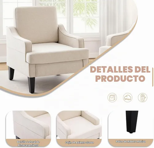 Vista 3 de Silla decorativa para sala de estar, sillón de mediados de siglo, sillas de sala de estar, silla de lectura tapizada para dormitorio, sofá Beige