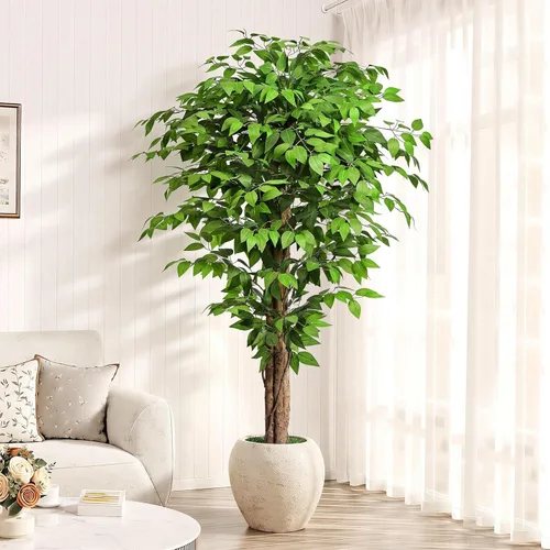 Vista 9 de Árboles artificiales de ficus de 3 pies con troncos naturales curvados, árbol exuberante de 36" de altura, árbol falso de ficus realista en verde
