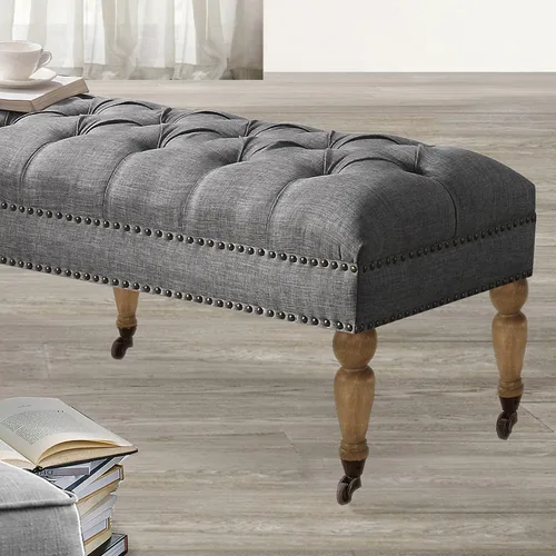 Vista 6 de Rosevera Berta - Tapa tapizada de poliéster con cabeza de clavo rectangular para sala de estar, reposapiés, dormitorio, entrada, banco de tamaño Gris