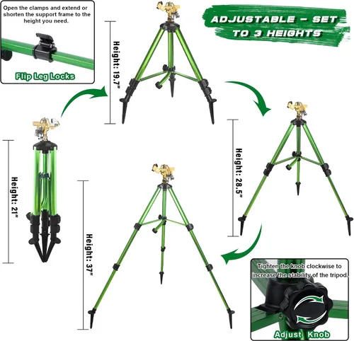 Vista 2 de Triumpeek - Aspersor de impacto con base de trípode y estacas, irrigador de gran cobertura de 360 grados con patas extensibles, boquilla de cabeza