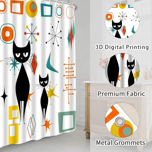 Vista 3 de Mid Century Atomic Cat Modern Shower Curtain Abstract Geometric Teal Orange Yellow Black Cat Retro 50S White Fabric Bathroom Curtain Set with Hook