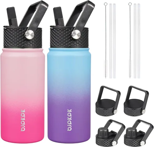 Vista 23 de BJPKPK Paquete de 2 botellas de agua aisladas con tapas con pajita, botella de agua de metal de acero inoxidable de 18oz con 6 tapas, jarras a