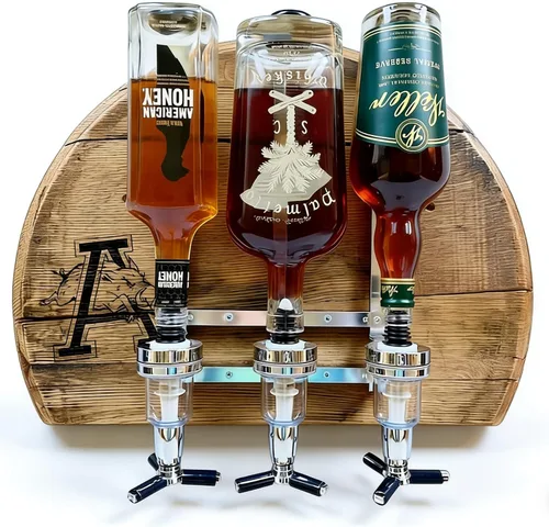 Vista 2 de Juego de dispensador de whisky personalizado para hombres, dispensador de licor grabado de madera con nombre en relieve para el hogar, bar, pub