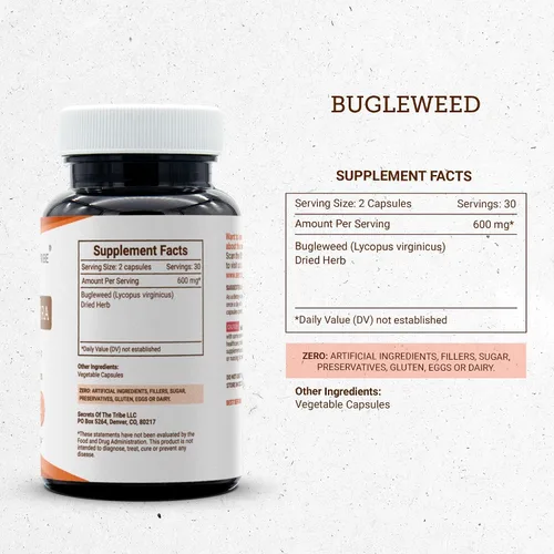 Vista 3 de Secrets of the Tribe Bugleweed 60 Cápsulas, 600 mg, Bugleweed (Lycopus Virginicus) Hierba seca (60 Cápsulas)