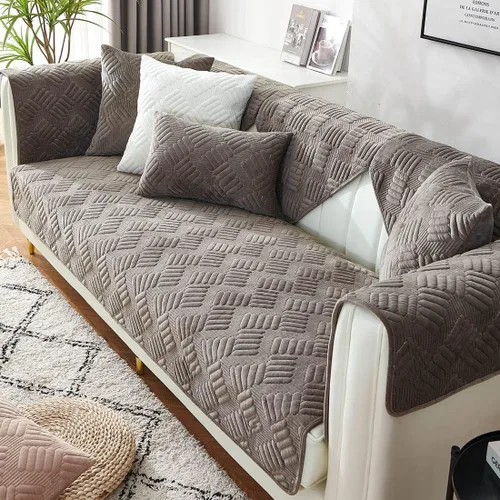 Vista 5 de vctops Funda de sofá de terciopelo para sillón, antideslizante, acolchada, súper suave, funda geométrica cálida en forma de L para sofá, para Marrón