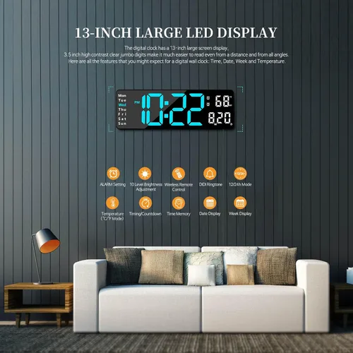 Vista 2 de Reloj digital, reloj de pared digital para decoración de sala de estar, reloj de mesa con alarma para dormitorio, reloj de pared grande con control
