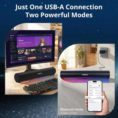 Vista 3 de Altavoces de computadora con micrófono desmontable, barra de sonido USB-A Plug and Play, altavoces de escritorio 3EQ, accesorios de PC y modo