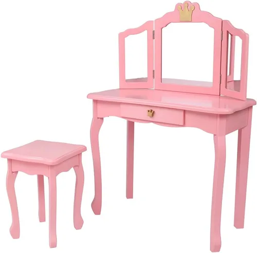 Vista 2 de Juego de tocador para niños Vasitelan, juego de mesa y silla para niñas, con espejo y taburete, mesa de maquillaje y cambiador princesa con cajón B