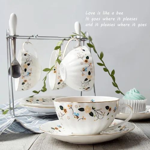 Vista 3 de BigNoseDeer Regalos para mujeres, tazas de té y platillos de porcelana, taza de café con leche, taza de capuchino, bonita taza de café de cerámica