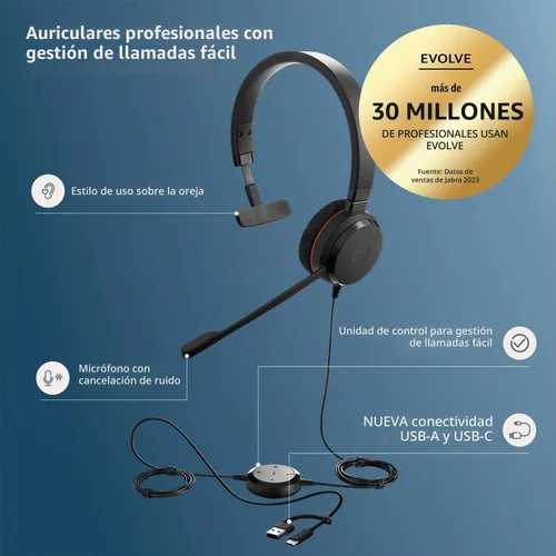 Vista 2 de Jabra Evolve 20 Auriculares con Cable (Edición 2025) - Auriculares con cable de un solo oído para oficina y trabajo desde casa - Control de llamadas