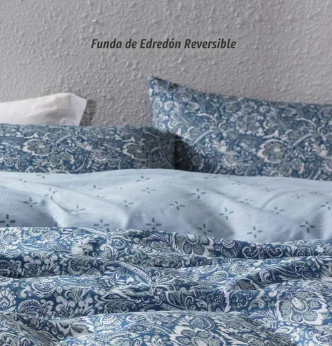 Vista 3 de SLEEPBELLA Juego de funda de edredón de algodón de 600 hilos, juego de ropa de cama (individual, azul-paisley)