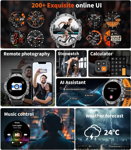 Vista 9 de Reloj Inteligente Militar para Hombres (3 Bandas), Relojes Inteligentes con Pantalla HD Grande de 1.7" y 1000mAh con Linterna LED para Android iOS