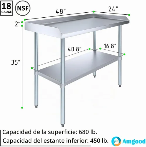 Vista 3 de AmGood Mesa de trabajo comercial con protector antisalpicaduras y protectores laterales Altura: 35" Mesa de preparación de acero inoxidable