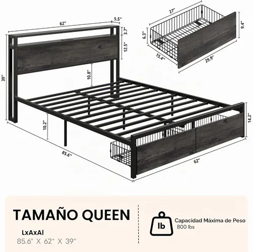 Vista 2 de LIKIMIO Base de cama Queen con cabecero, 2 cajones y estación de carga Gris carbón
