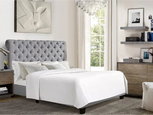 Vista 8 de Rosevera Atherine - Marco de cama tapizado de tela con cabecera ajustable, estilo Chesterfield, cabeza enrollada, soporte de listones de madera