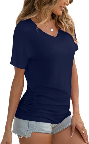 Vista 2 de Anydoll - Camisetas fruncidas para mujer, para primavera y verano, túnicas de manga corta con cuello en V, camisetas informales y elegantes