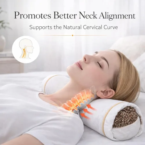 Vista 4 de Almohada de trigo sarraceno para dolor de cuello, rollo de cuello de casco de trigo sarraceno orgánico, cojín de apoyo cervical ajustable