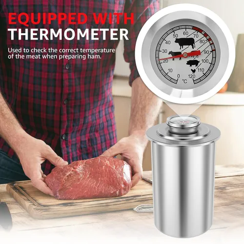 Vista 5 de Ham Maker - Olla de prensa de carne de acero inoxidable para hacer carne casera saludable con un termómetro, forma redonda, molde de prensa de carne