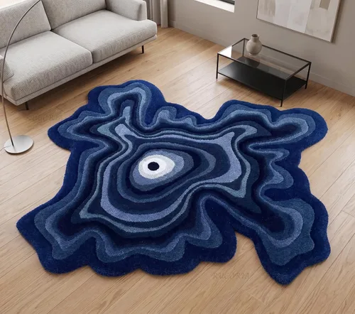 Vista 12 de Alfombra de lana hecha a mano con forma irregular de Restauración y Renovación Alfombra moderna de rayas coloridas de primera calidad perfecta
