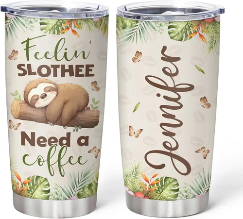 Vista 8 de Hyturtle Regalos personalizados para los amantes de los perezosos, vaso de acero inoxidable con nombre personalizado de 20 onzas con tapa, idea