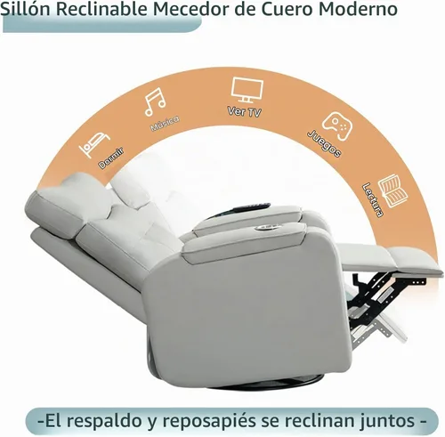 Vista 3 de Rocker - Silla reclinable para cuarto de bebé, mecedora giratoria con calor y masaje, para sala de estar, color gris Gris cuero