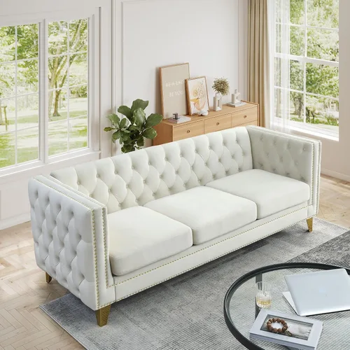 Vista 8 de JEEOHEY - Sofá Chesterfield, sofá moderno de terciopelo de 3 plazas con botón acolchado y ribete de tachuelas, sofá tapizado de asiento profundo