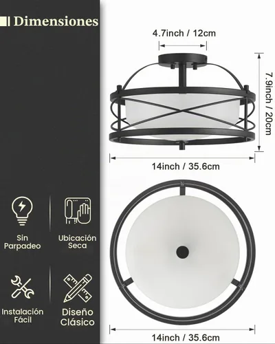 Vista 4 de Accesorios de luz de tambor para entrada, lámpara de techo rústica de montaje semiempotrado para pasillo, sala de estar, dormitorio, cocina (negro)