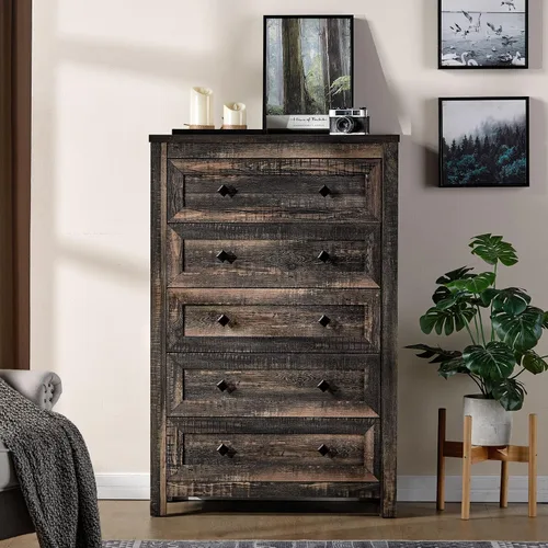 Vista 13 de VanAcc - Cómoda de granja de 5 cajones, cómoda para dormitorio, color gris Cómoda de madera natural de 47 pulgadas de alto, amplio almacenamiento