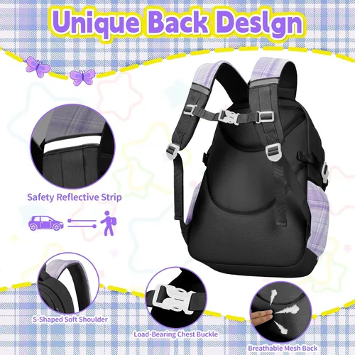 Vista 4 de Mochila para niñas con juego de lonchera, 5 piezas, color negro, linda mochila Kawaii para adolescentes, mochila escolar estética para primaria