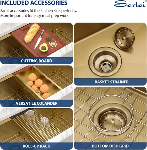 Vista 6 de Sarlai Fregadero de Cocina Dorado Bajo Encimera de 33 Pulgadas Doble Tazón 33 x 19 Pulgadas Bajo Dividido Dorado Estación de Trabajo Fregadero Doble